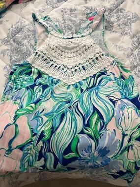 Lilly Pulitzer Blue, Pink & Green Floral Crochet Yoke Tank